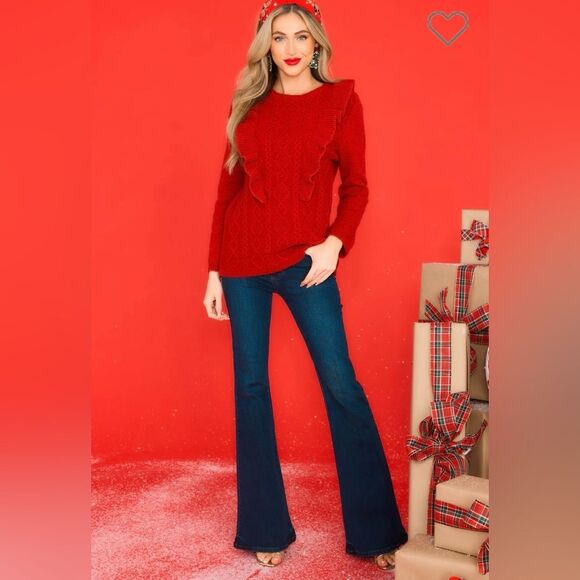 Red Dress Boutique Fire Away Ruby Red Sweater Ruffle Front Metallic Trim M - Picture 4 of 12